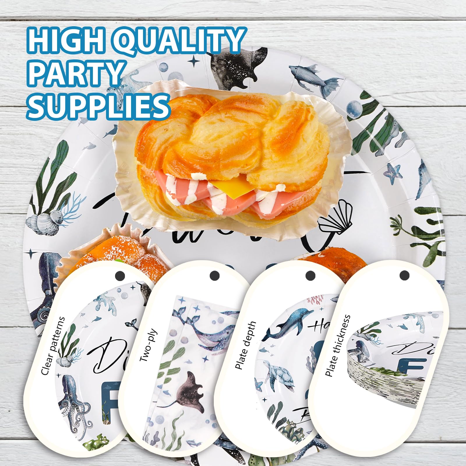 96 Pcs Ocean 5th Birthday Party Plates and Napkins - Grencian
