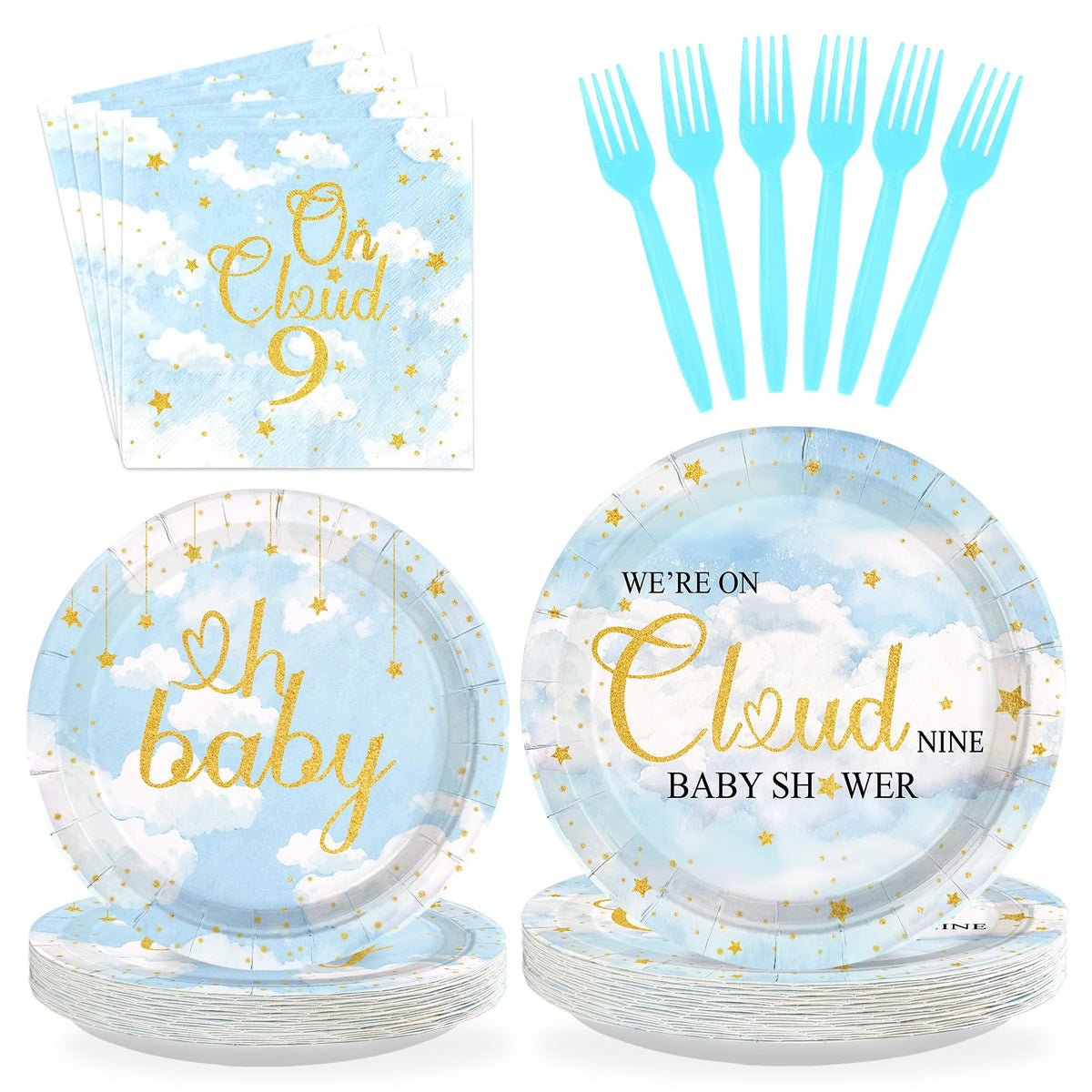 96 Pcs On Cloud Baby Shower Party Plates and Napkins - Grencian