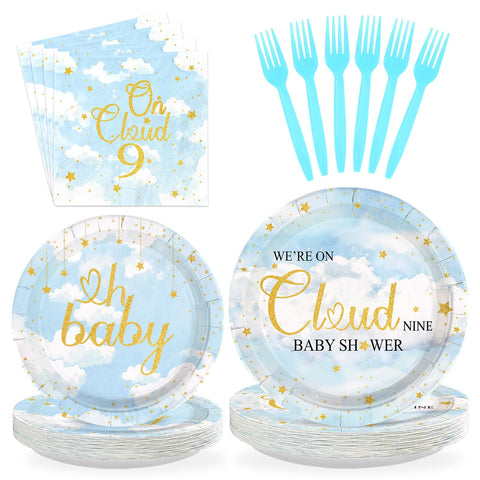 96 Pcs On Cloud Baby Shower Party Plates and Napkins - Grencian