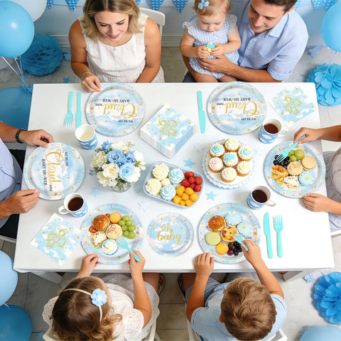 96 Pcs On Cloud Baby Shower Party Plates and Napkins - Grencian