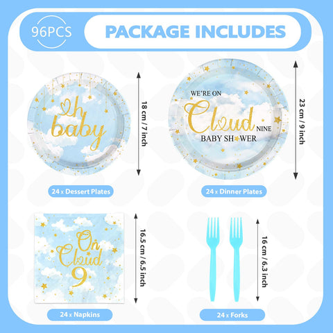 96 Pcs On Cloud Baby Shower Party Plates and Napkins - Grencian