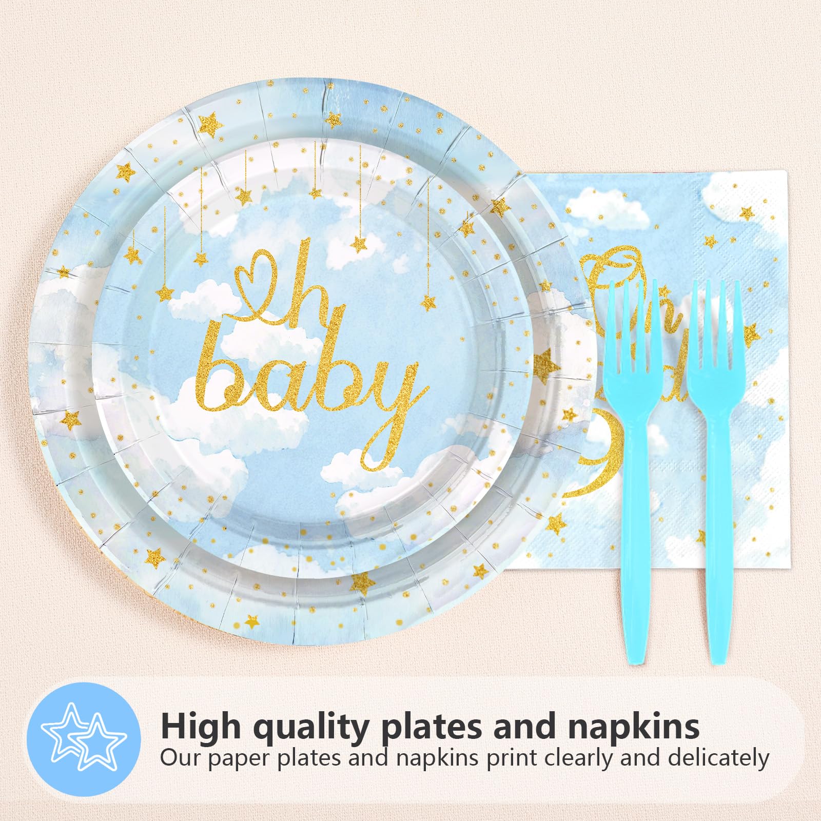 96 Pcs On Cloud Baby Shower Party Plates and Napkins - Grencian