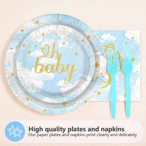 96 Pcs On Cloud Baby Shower Party Plates and Napkins - Grencian