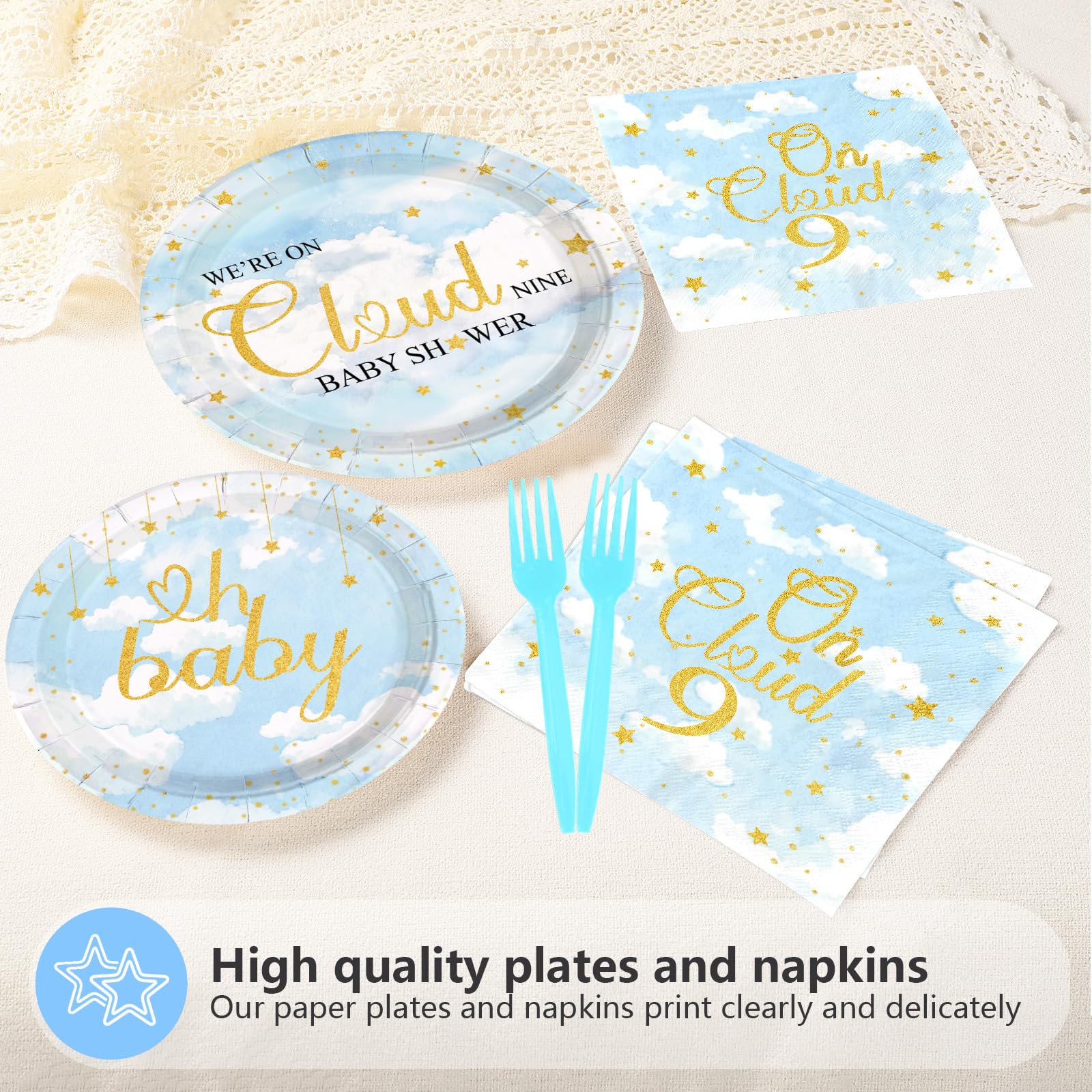 96 Pcs On Cloud Baby Shower Party Plates and Napkins - Grencian