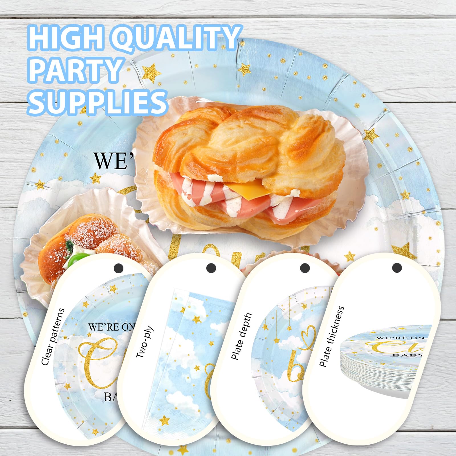 96 Pcs On Cloud Baby Shower Party Plates and Napkins - Grencian