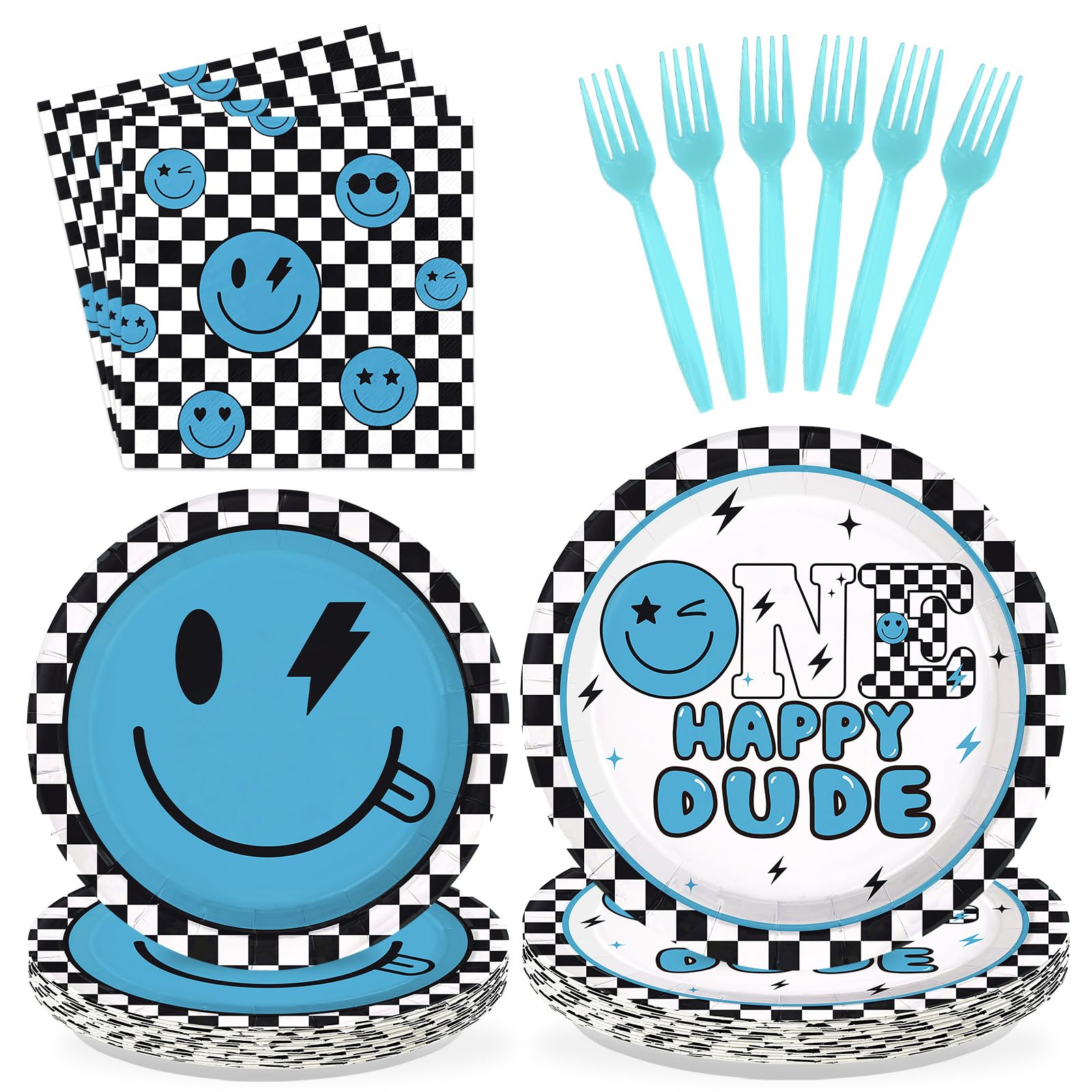 96 Pcs One Happy Dude 1st Birthday Party Plates and Napkins - Grencian