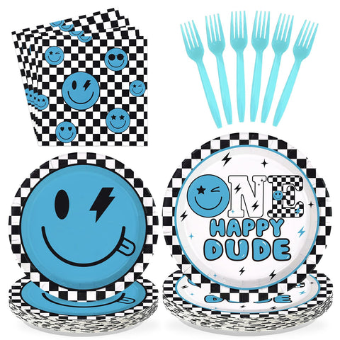 96 Pcs One Happy Dude 1st Birthday Party Plates and Napkins - Grencian