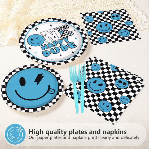 96 Pcs One Happy Dude 1st Birthday Party Plates and Napkins - Grencian
