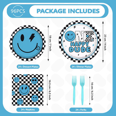96 Pcs One Happy Dude 1st Birthday Party Plates and Napkins - Grencian