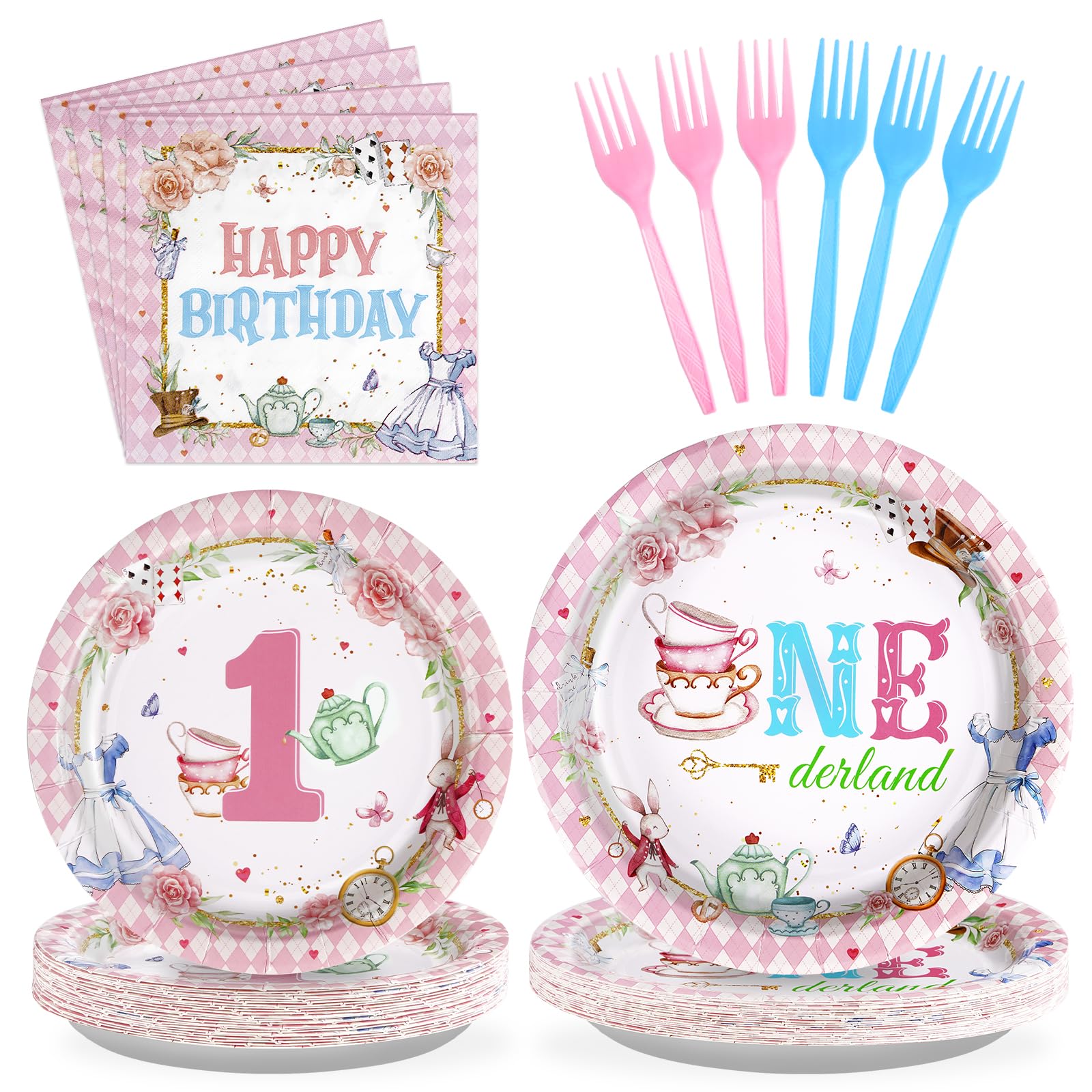 96 Pcs Onederland 1st Birthday Party Plates and Napkins - Grencian