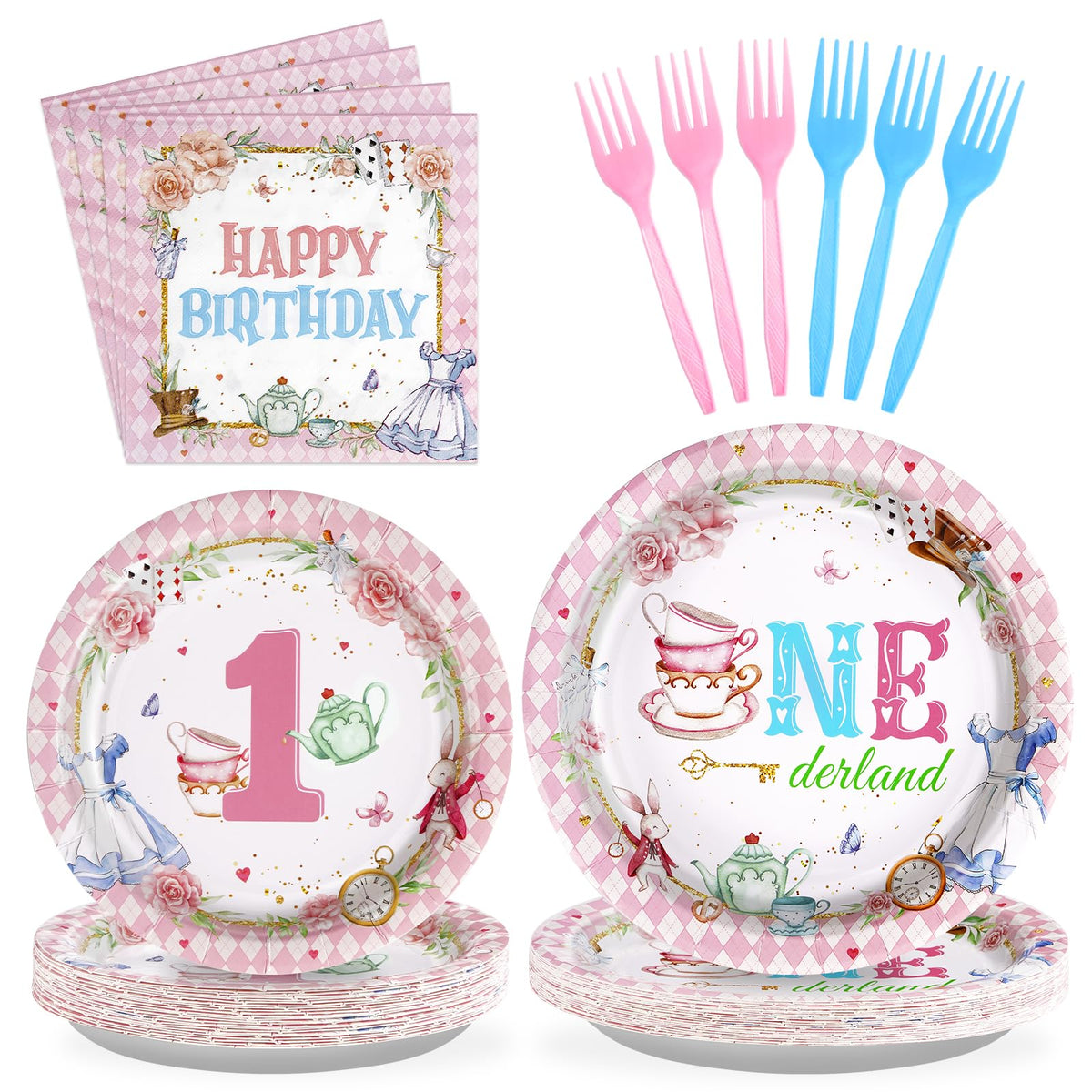 96 Pcs Onederland 1st Birthday Party Plates and Napkins - Grencian