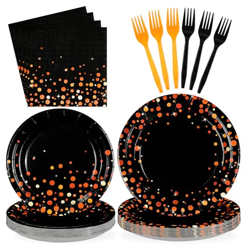 96 Pcs Orange Dots on Black Party Plates and Napkins - Grencian
