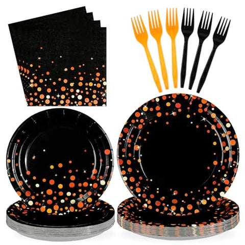 96 Pcs Orange Dots on Black Party Plates and Napkins - Grencian