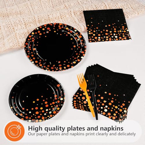 96 Pcs Orange Dots on Black Party Plates and Napkins - Grencian
