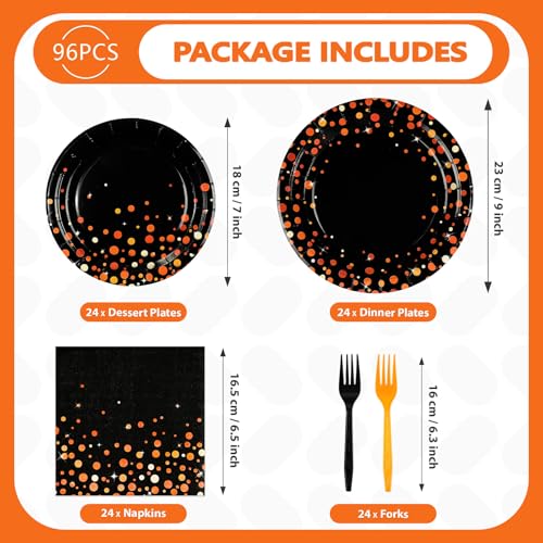 96 Pcs Orange Dots on Black Party Plates and Napkins - Grencian