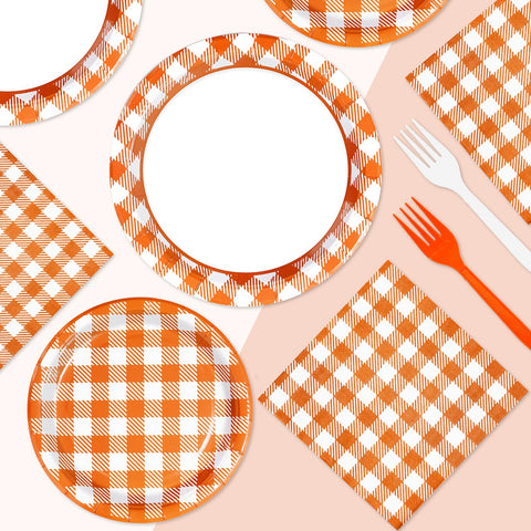 96 Pcs Orange Gingham Party Plates and Napkins - Grencian
