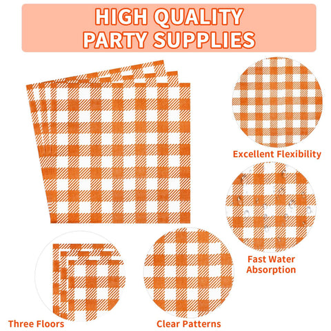 96 Pcs Orange Gingham Party Plates and Napkins - Grencian