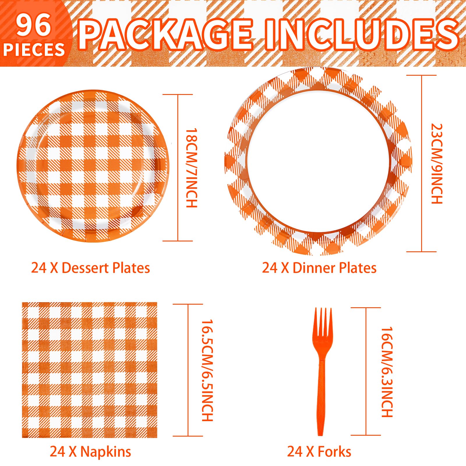 96 Pcs Orange Gingham Party Plates and Napkins - Grencian