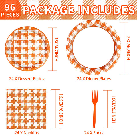 96 Pcs Orange Gingham Party Plates and Napkins - Grencian