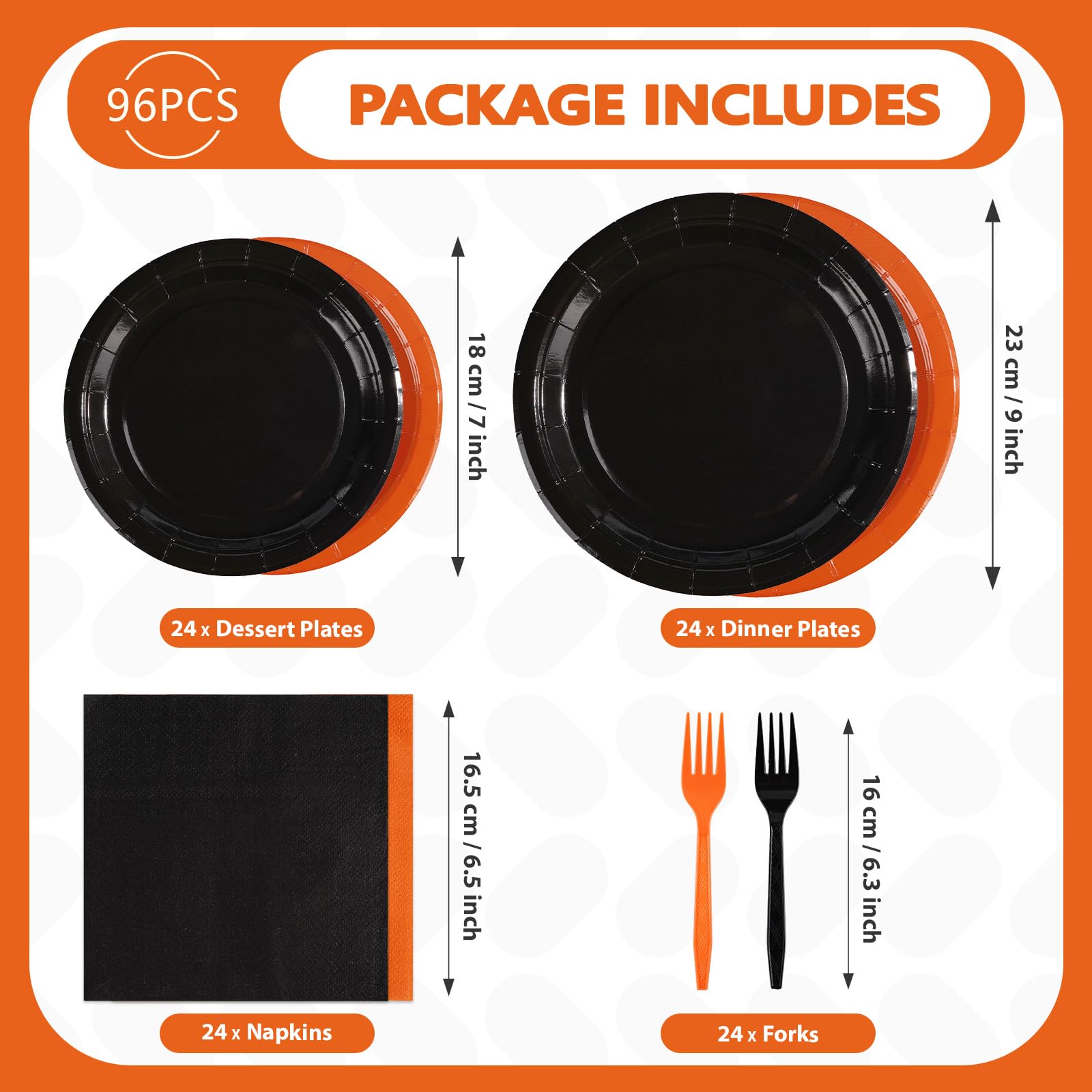 96 Pcs Orange and Black Party Plates and Napkins - Grencian