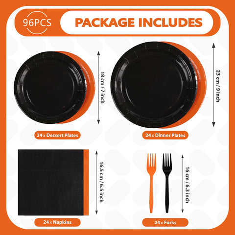 96 Pcs Orange and Black Party Plates and Napkins - Grencian