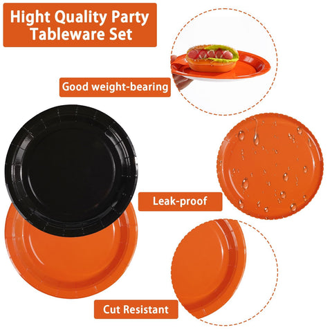96 Pcs Orange and Black Party Plates and Napkins - Grencian
