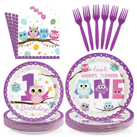 96 Pcs Owl 1st Birthday Party Plates and Napkins - Grencian