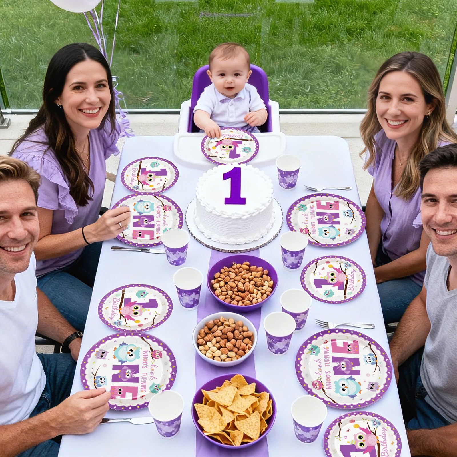 96 Pcs Owl 1st Birthday Party Plates and Napkins - Grencian