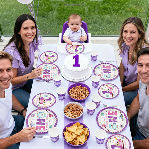 96 Pcs Owl 1st Birthday Party Plates and Napkins - Grencian