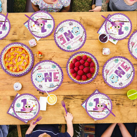 96 Pcs Owl 1st Birthday Party Plates and Napkins - Grencian