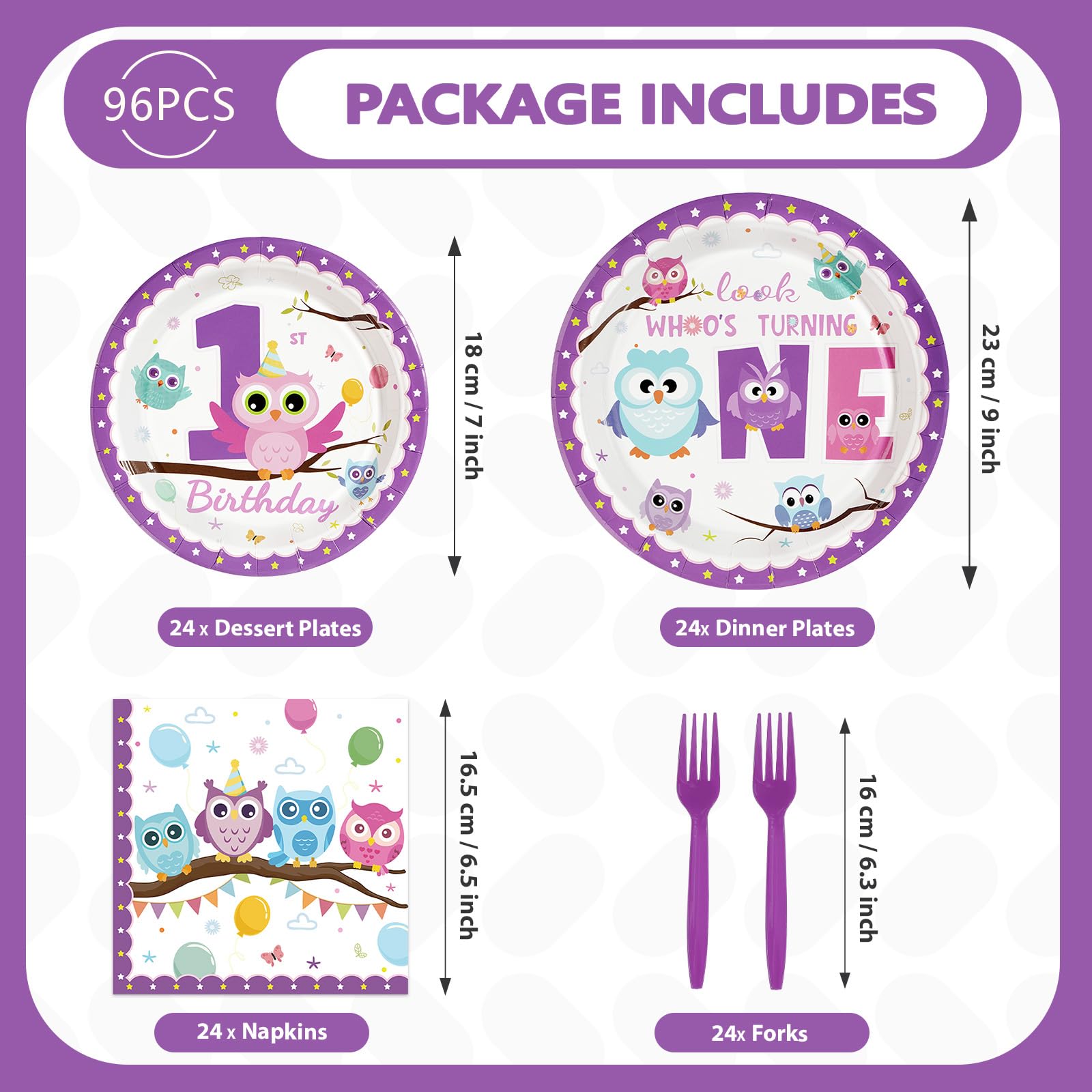 96 Pcs Owl 1st Birthday Party Plates and Napkins - Grencian