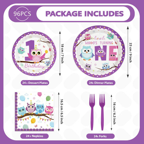 96 Pcs Owl 1st Birthday Party Plates and Napkins - Grencian