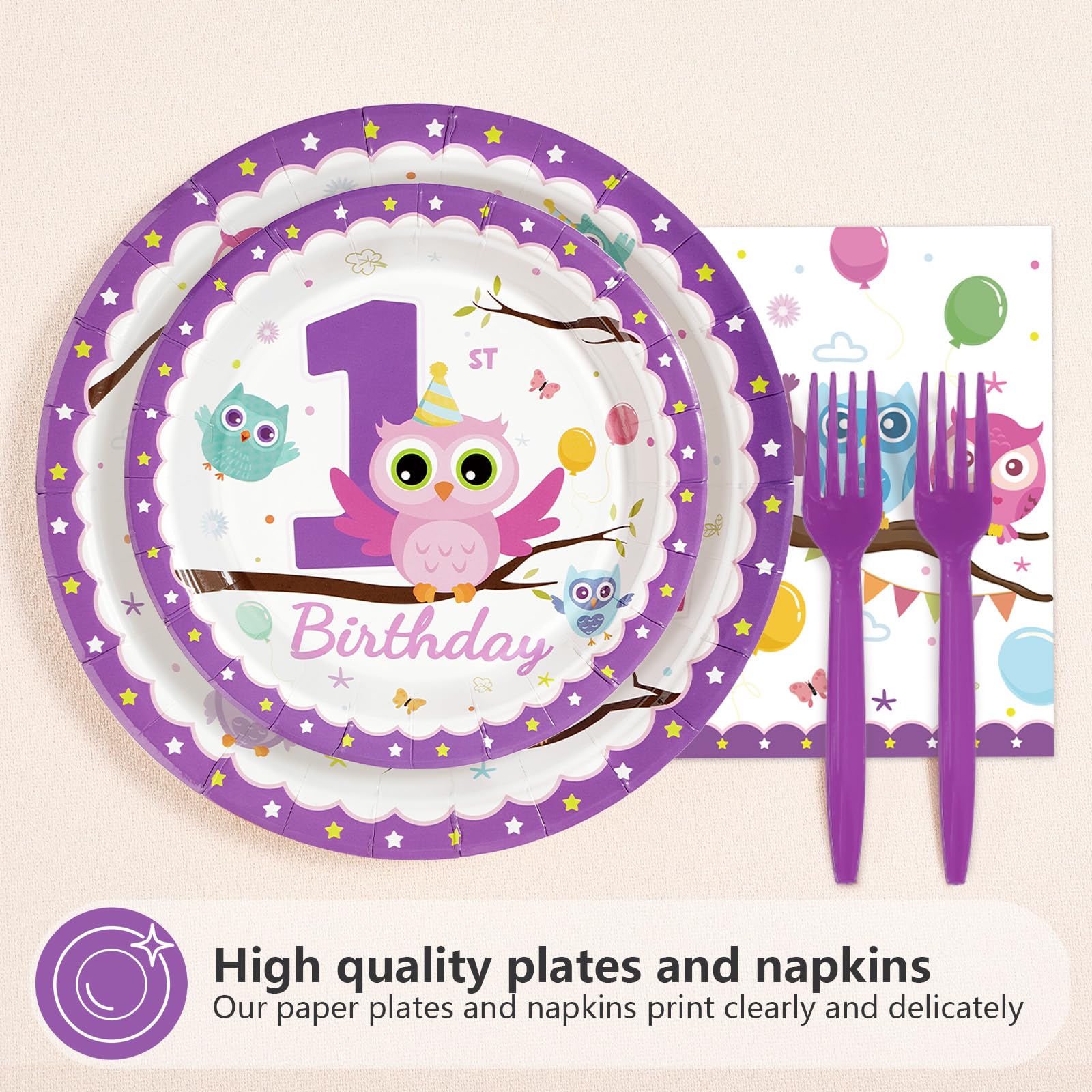 96 Pcs Owl 1st Birthday Party Plates and Napkins - Grencian
