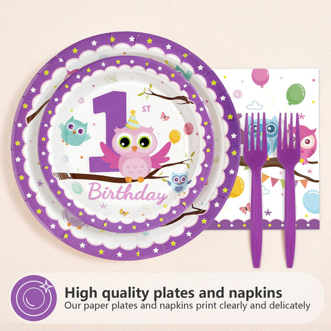 96 Pcs Owl 1st Birthday Party Plates and Napkins - Grencian