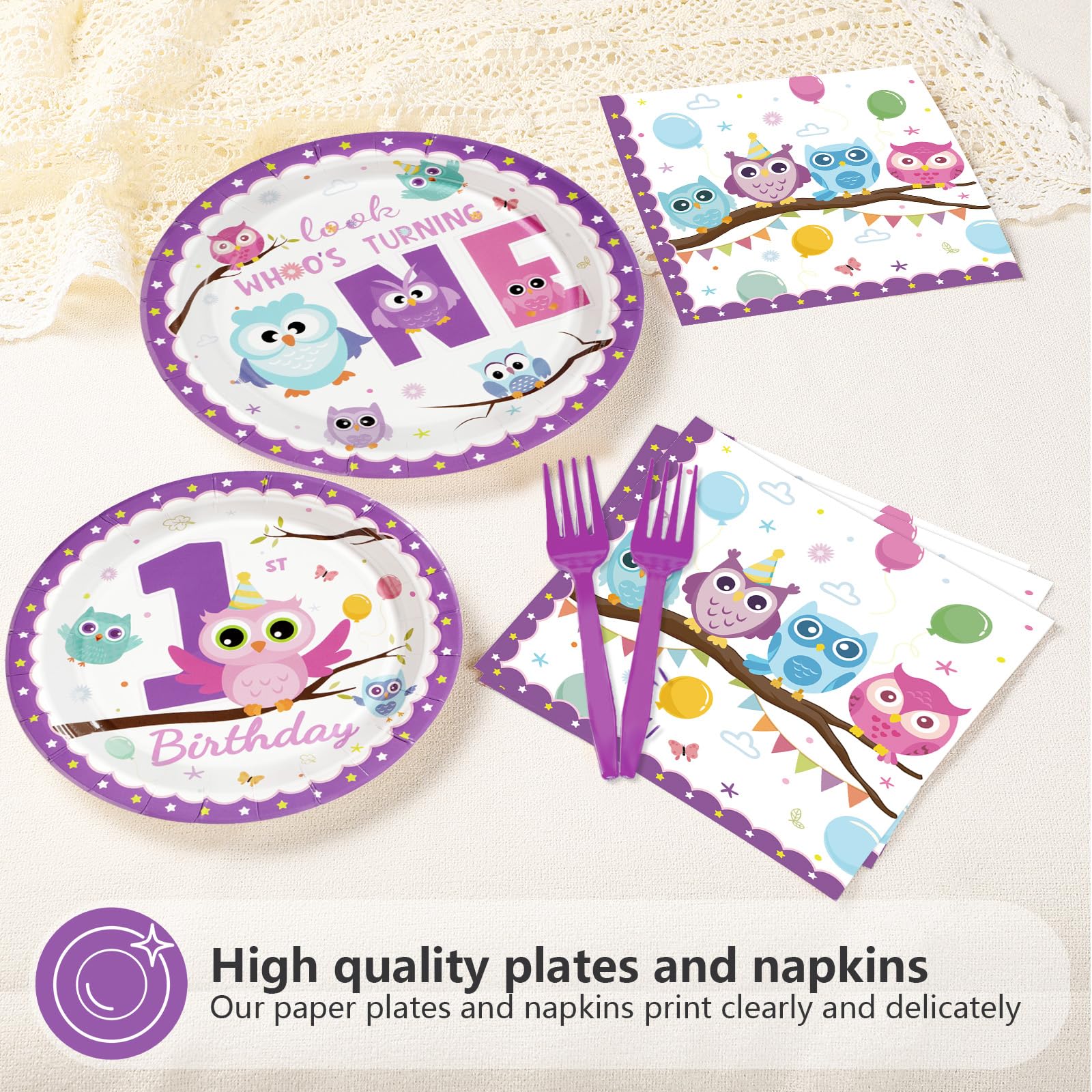 96 Pcs Owl 1st Birthday Party Plates and Napkins - Grencian