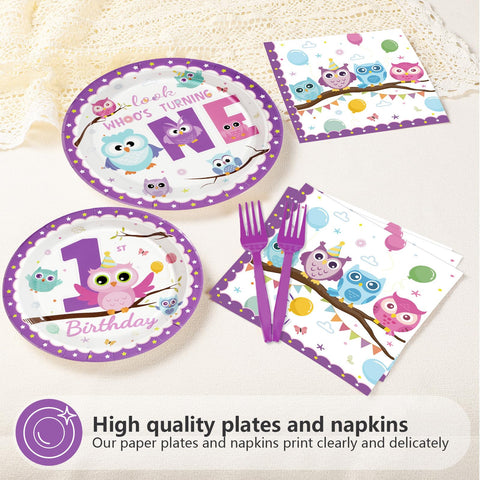96 Pcs Owl 1st Birthday Party Plates and Napkins - Grencian