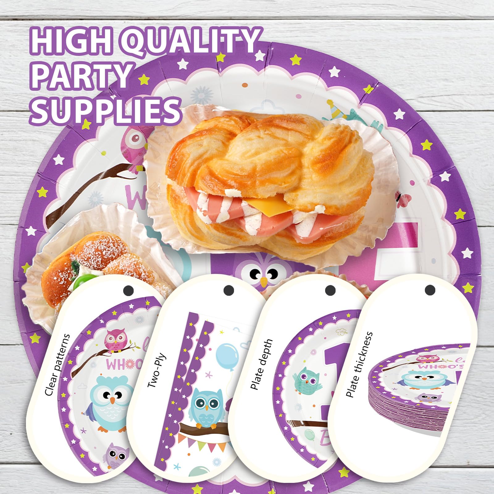 96 Pcs Owl 1st Birthday Party Plates and Napkins - Grencian