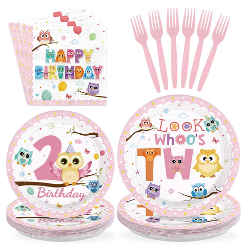 96 Pcs Owl 2nd Birthday Party Plates and Napkins - Grencian