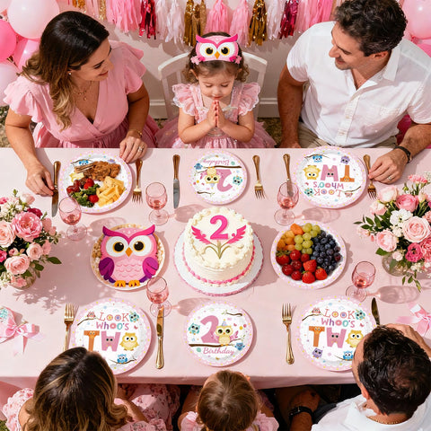 96 Pcs Owl 2nd Birthday Party Plates and Napkins - Grencian