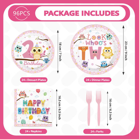 96 Pcs Owl 2nd Birthday Party Plates and Napkins - Grencian