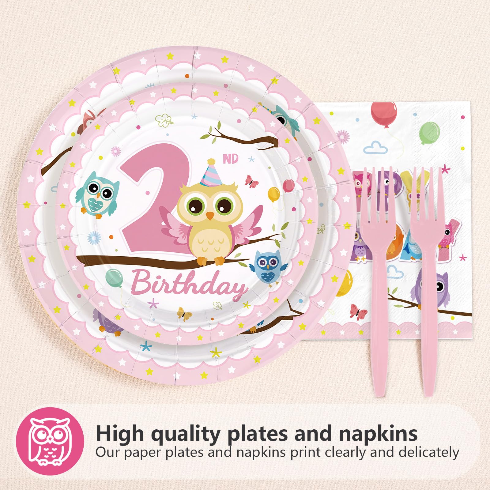 96 Pcs Owl 2nd Birthday Party Plates and Napkins - Grencian