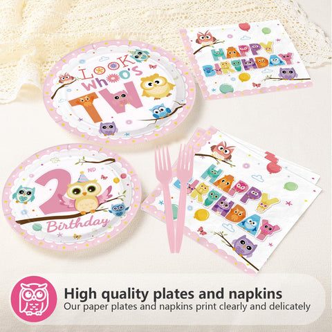 96 Pcs Owl 2nd Birthday Party Plates and Napkins - Grencian