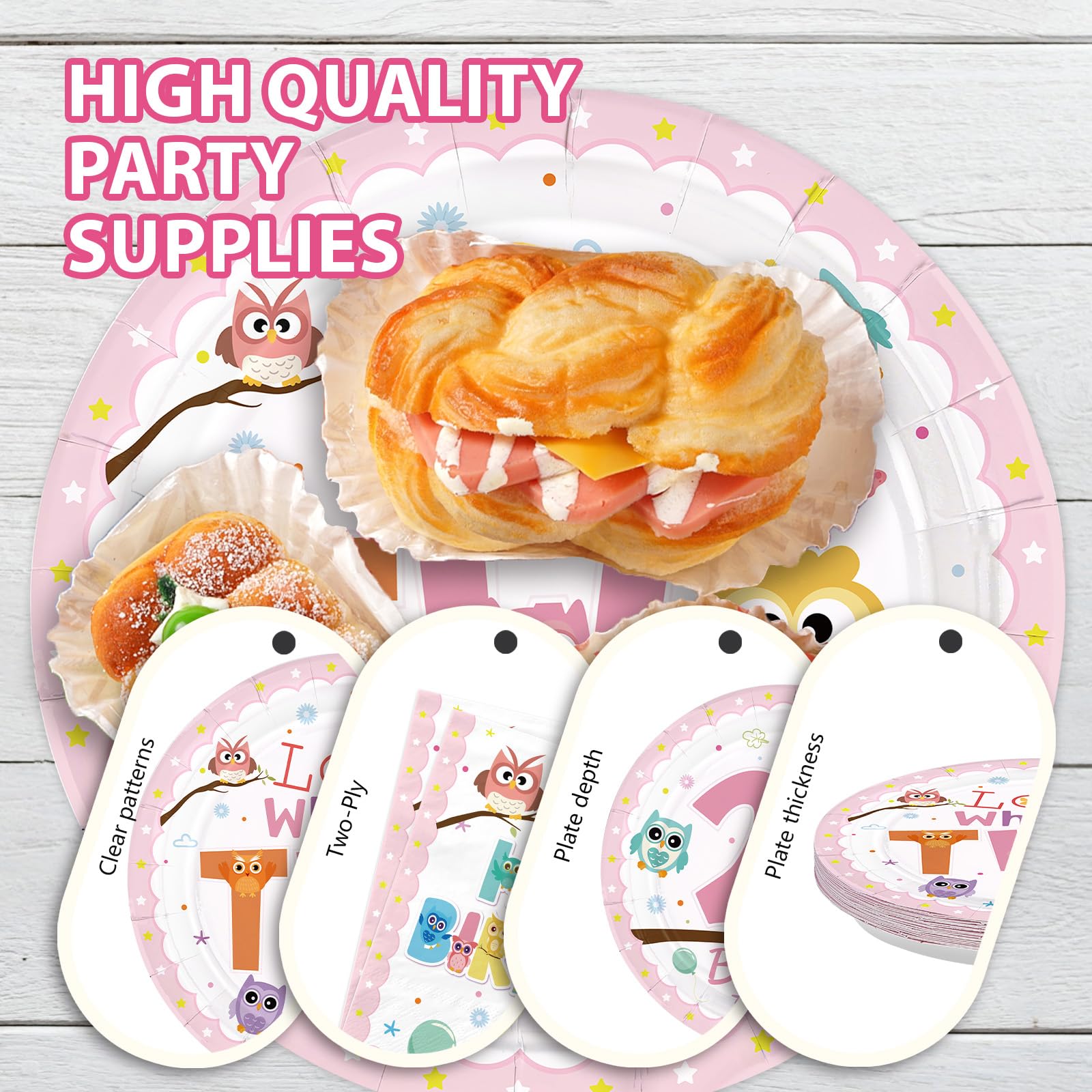 96 Pcs Owl 2nd Birthday Party Plates and Napkins - Grencian