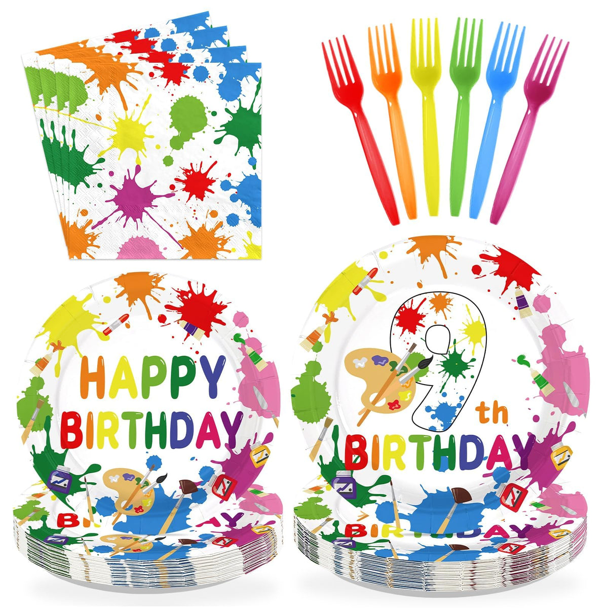 96 Pcs Paint 9th Birthday Party Plates and Napkins - Grencian