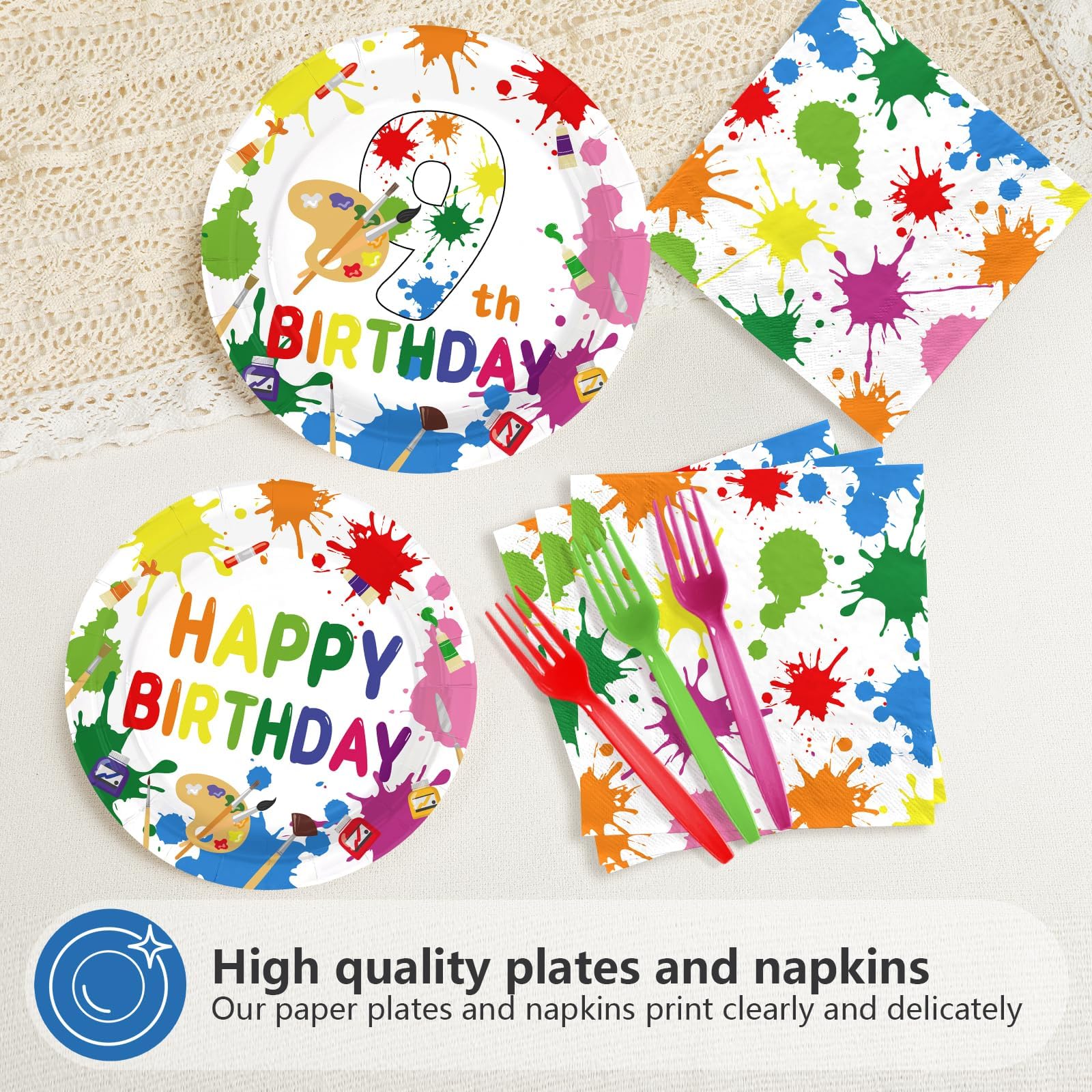 96 Pcs Paint 9th Birthday Party Plates and Napkins - Grencian
