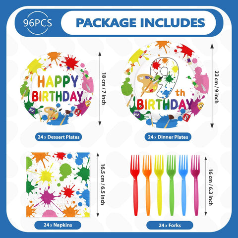 96 Pcs Paint 9th Birthday Party Plates and Napkins - Grencian
