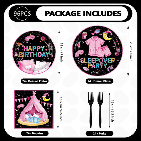 96 Pcs Pajama Birthday Party Plates and Napkins - Grencian
