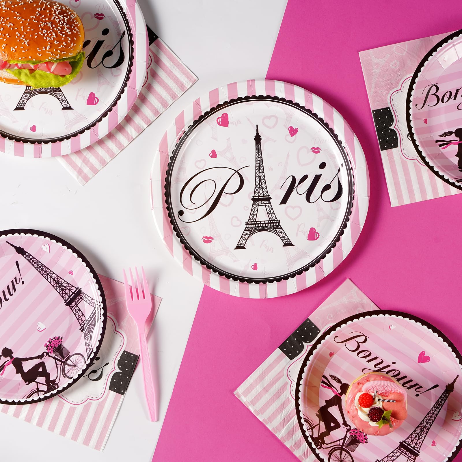 96 Pcs Paris Birthday Party Plates and Napkins - Grencian