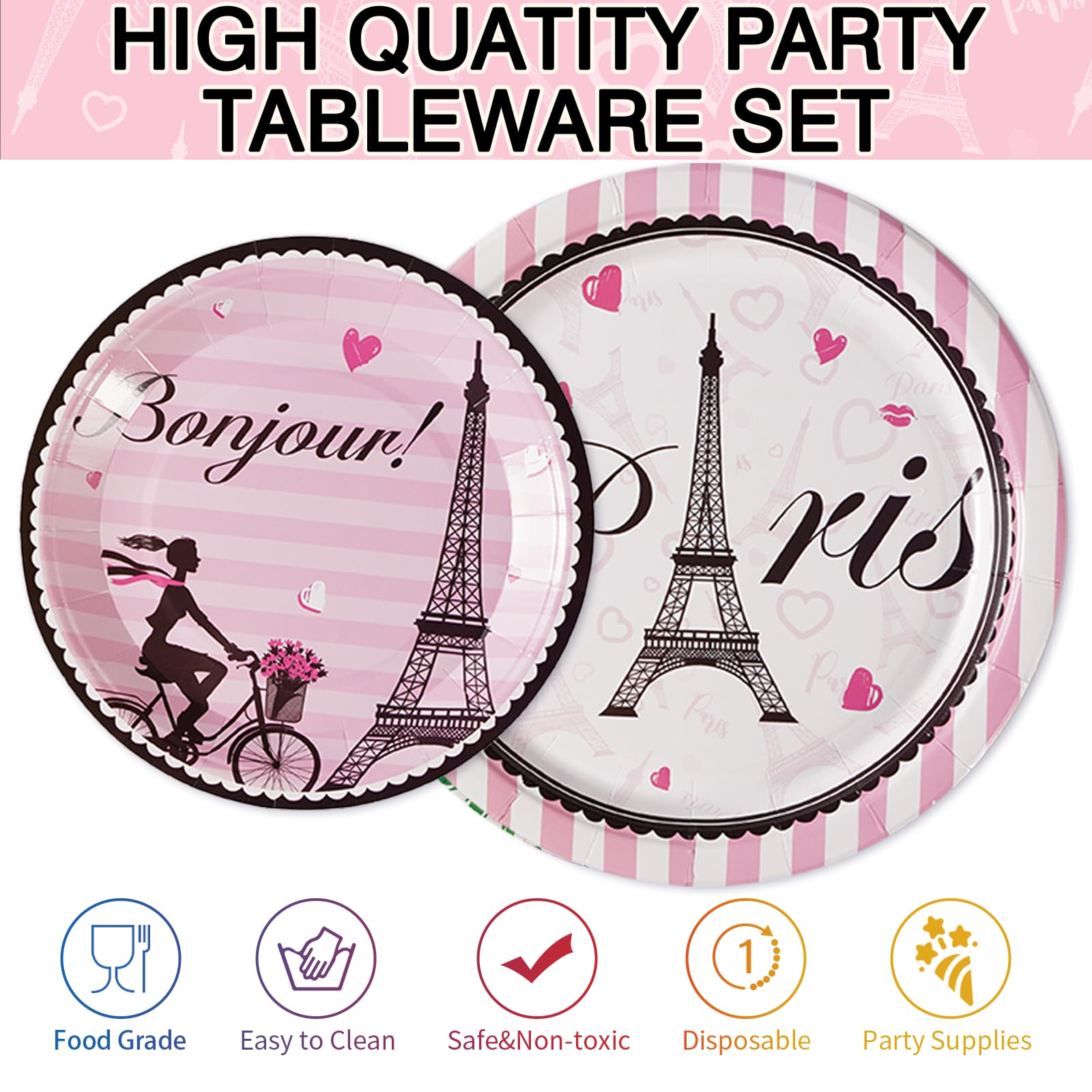 96 Pcs Paris Birthday Party Plates and Napkins - Grencian