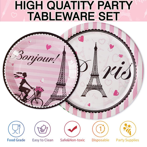 96 Pcs Paris Birthday Party Plates and Napkins - Grencian
